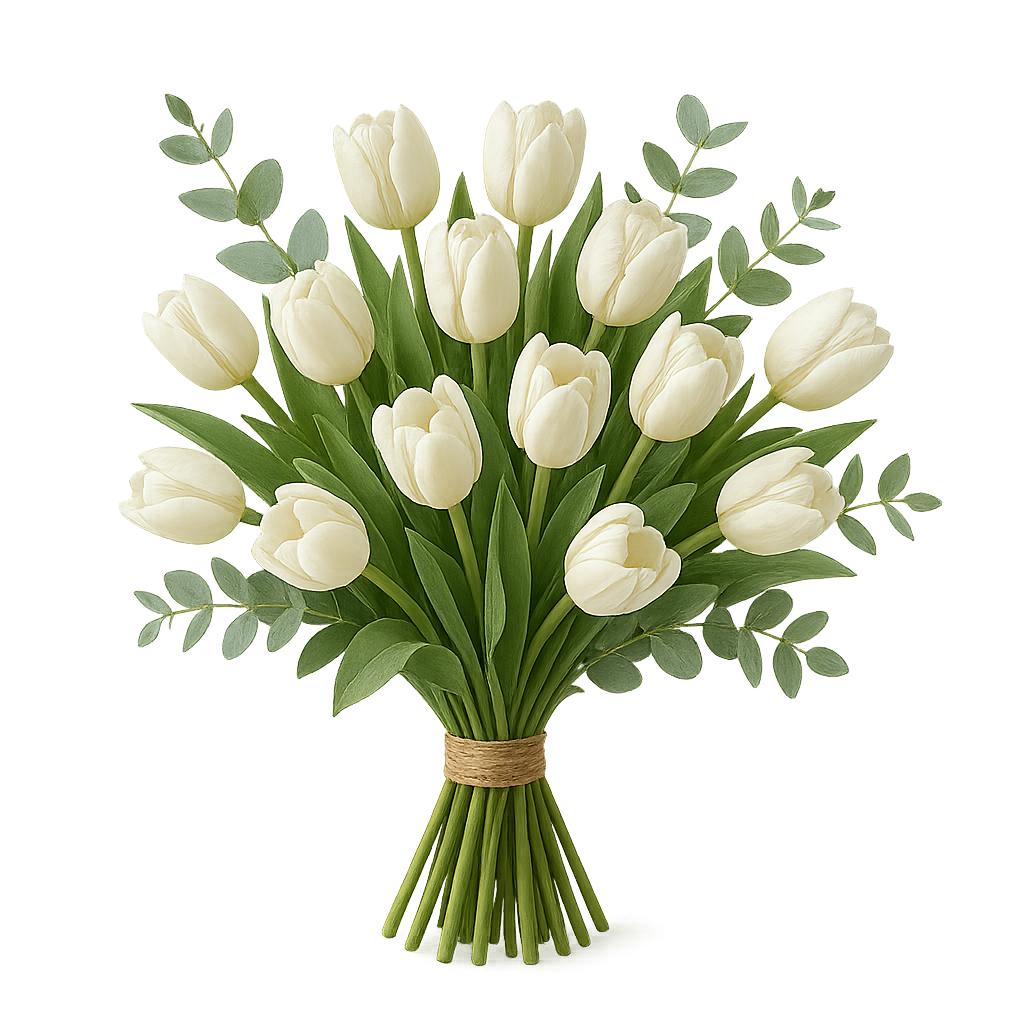 Fredensborg tulipanbuket – lys og elegant buket med hvide/creme tulipaner, eukalyptus og friskt grønt på transparent baggrund
