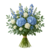 Glostrup Grøn Buket – klassisk nordisk buket i blå og lyse nuancer med sæsonens blomster, eukalyptus og frisk grønt på transparent baggrund