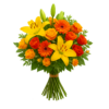 Holte Premium buket – farverig sunrise-buket i gul, orange og rød med liljer, gerbera, roser og friskt grønt på transparent baggrund