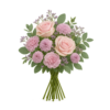 Karlslunde buket – feminin rund buket i rosa og lilla med roser, nelliker, små chrysanthemum, limonium og friskt grønt på transparent baggrund