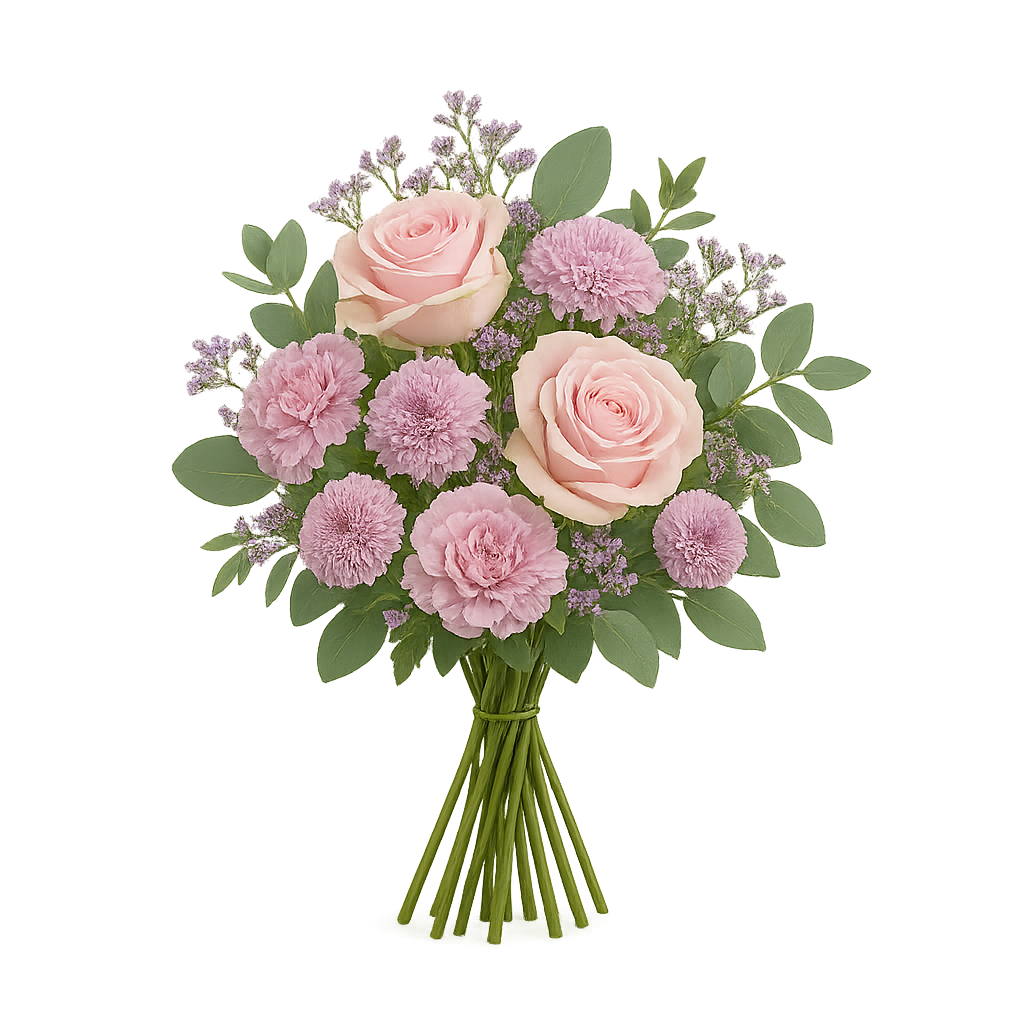 Karlslunde buket – feminin rund buket i rosa og lilla med roser, nelliker, små chrysanthemum, limonium og friskt grønt på transparent baggrund