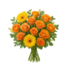Kvistgård buket – opmuntrende rund buket i gul, orange og koral med gerbera, roser, ranunkler og friskt grønt på transparent baggrund