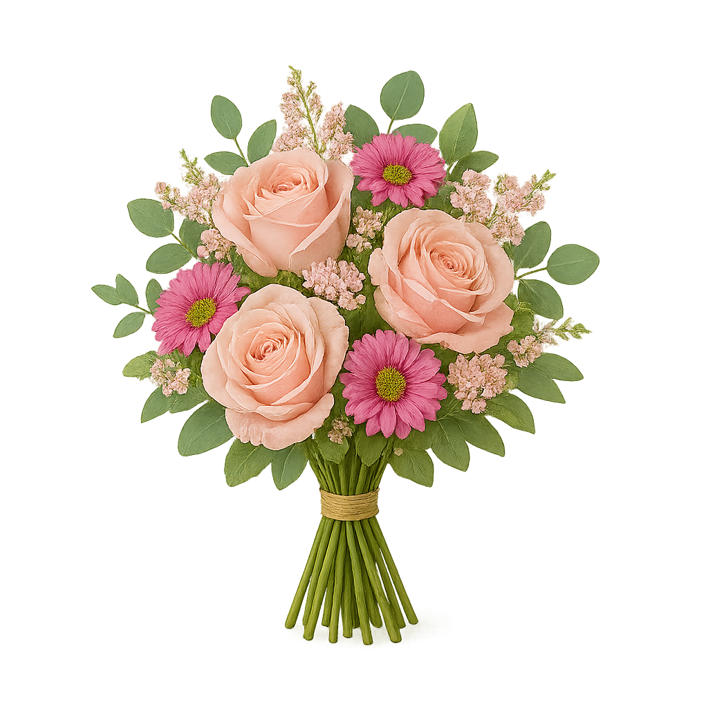 Måløv Elegant buket – romantisk rund buket i rosa og pink med roser, krysantemum, små sæsonblomster og grønt på transparent baggrund