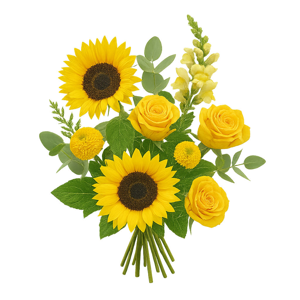 Roskilde buket – håndbundet sommerbuket med solsikker, gule roser, sæsonens blomster og friskt grønt på transparent baggrund