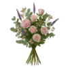 Skodsborg buket – stilren vinterbuket i dæmpede rosa og lilla nuancer med chrysanthemum, veronica, eucalyptus og vinterblomster på transparent baggrund