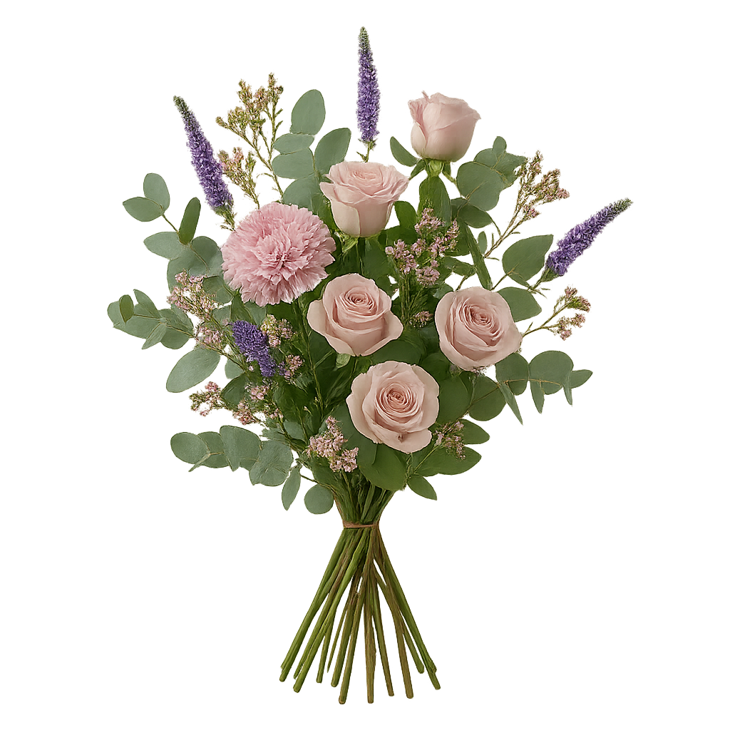 Skodsborg buket – stilren vinterbuket i dæmpede rosa og lilla nuancer med chrysanthemum, veronica, eucalyptus og vinterblomster på transparent baggrund