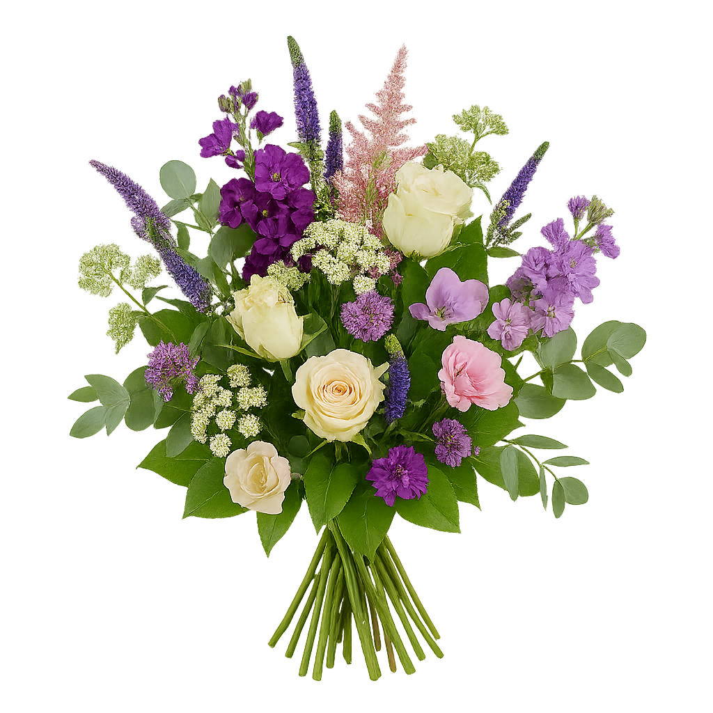 Slangerup buket – elegant, luftig håndbundet buket i grønne, lilla, rosa og creme nuancer med vilde blomster, eksotiske elementer og sæsongrønt på transparent baggrund