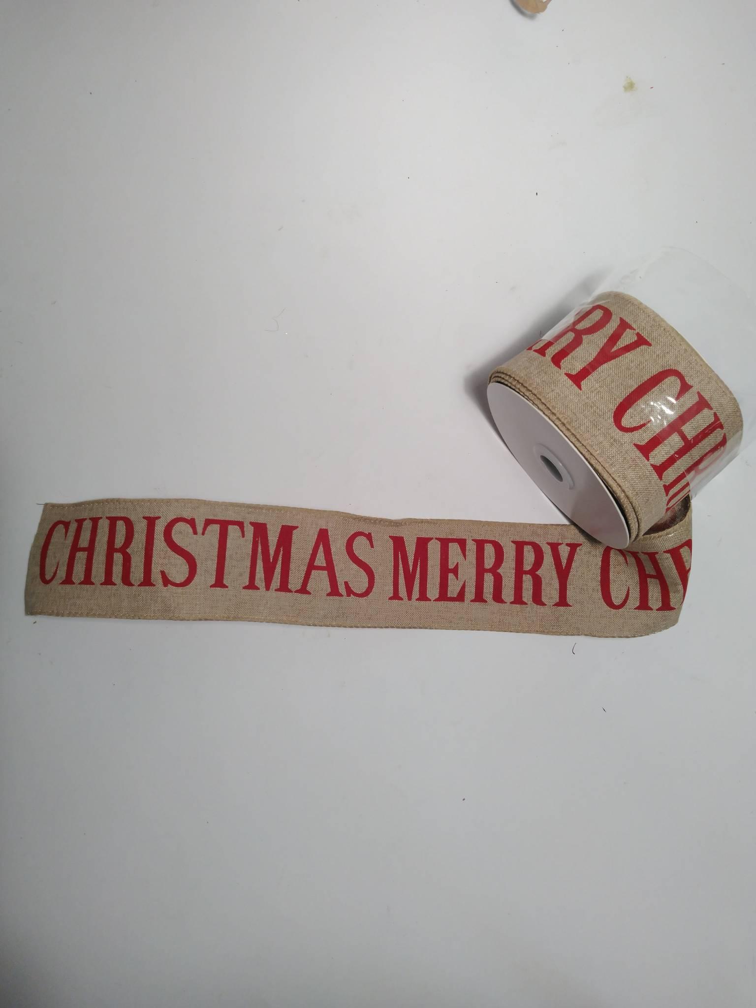 Bånd Med Merry Christmas 63mm X 9m Natur